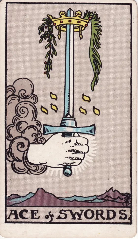 Ace of Swords tarot card from the Rider-Waite-Smith deck: a hand from a cloud raising an upright sword crowned with a wreath.
