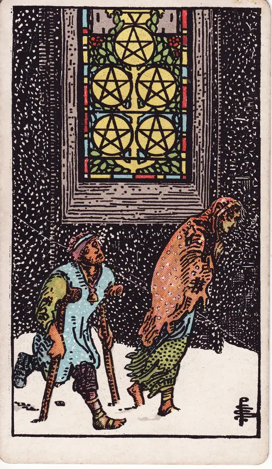 Five of Pentacles tarot card from the Rider-Waite-Smith deck: two beggars passing through the snow beneath a lit stained-glass window.