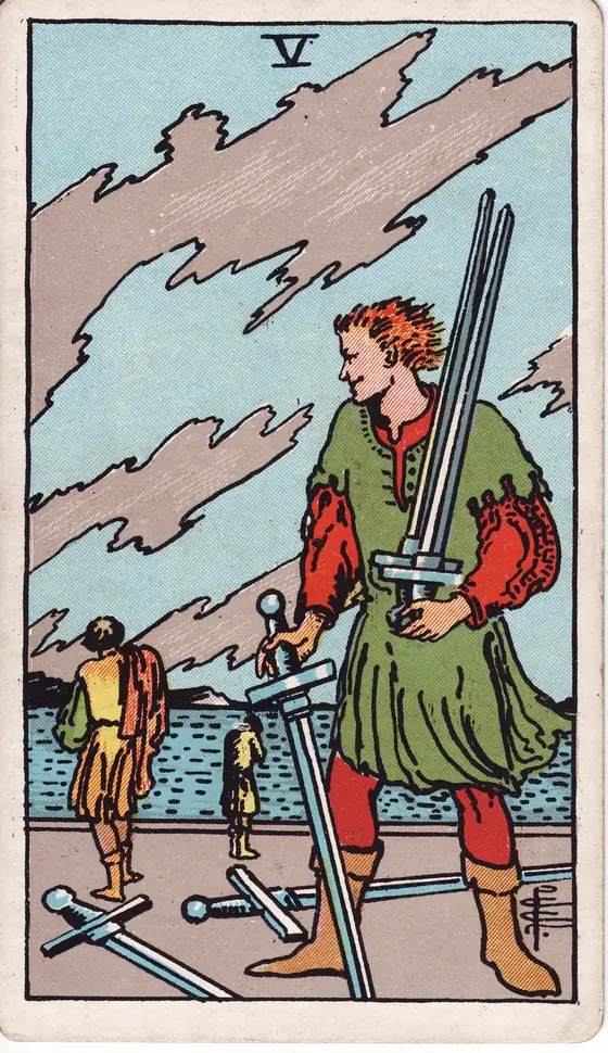 Five of Swords tarot card from the Rider-Waite-Smith deck: a smirking man gathering up swords as two defeated figures walk away.