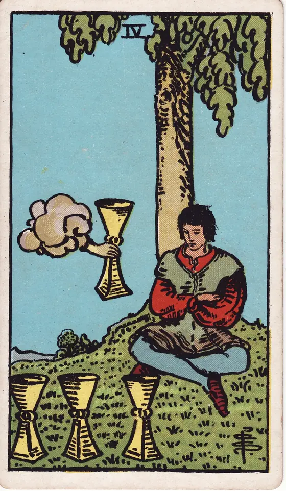 Four of Cups tarot card from the Rider-Waite-Smith deck: a man seated under a tree with his arms folded, ignoring a cup offered from a cloud.