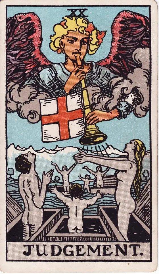 Judgement tarot card from the Rider-Waite-Smith deck: an angel sounding a trumpet as figures rise with open arms from their coffins.