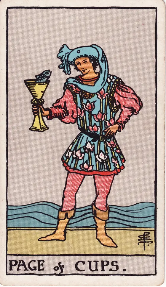 Page of Cups tarot card from the Rider-Waite-Smith deck: a young figure by the sea regarding a fish that rises from his cup.
