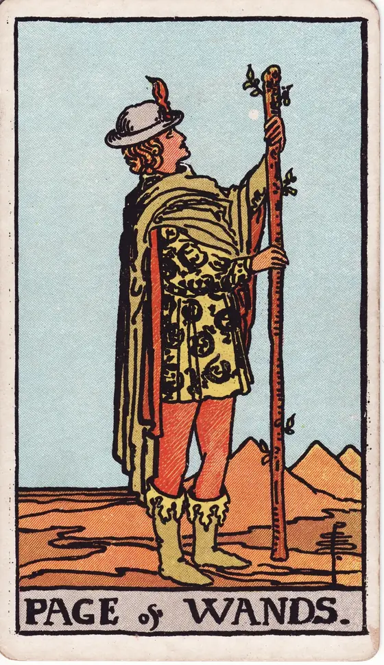 Page of Wands tarot card from the Rider-Waite-Smith deck: a youth in a patterned tunic standing in a desert, studying the staff he holds.