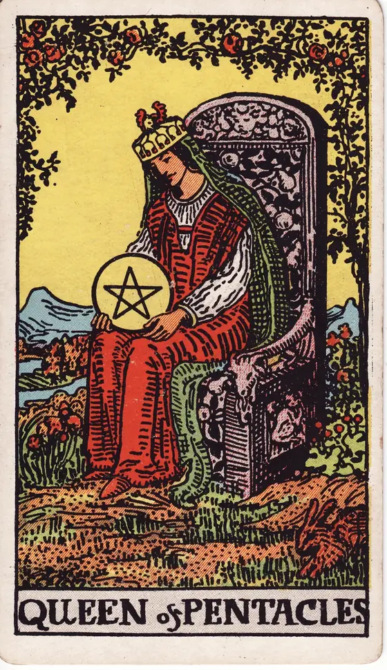 Queen of Pentacles tarot card from the Rider-Waite-Smith deck: a crowned woman on a garden throne cradling a pentacle in her lap.