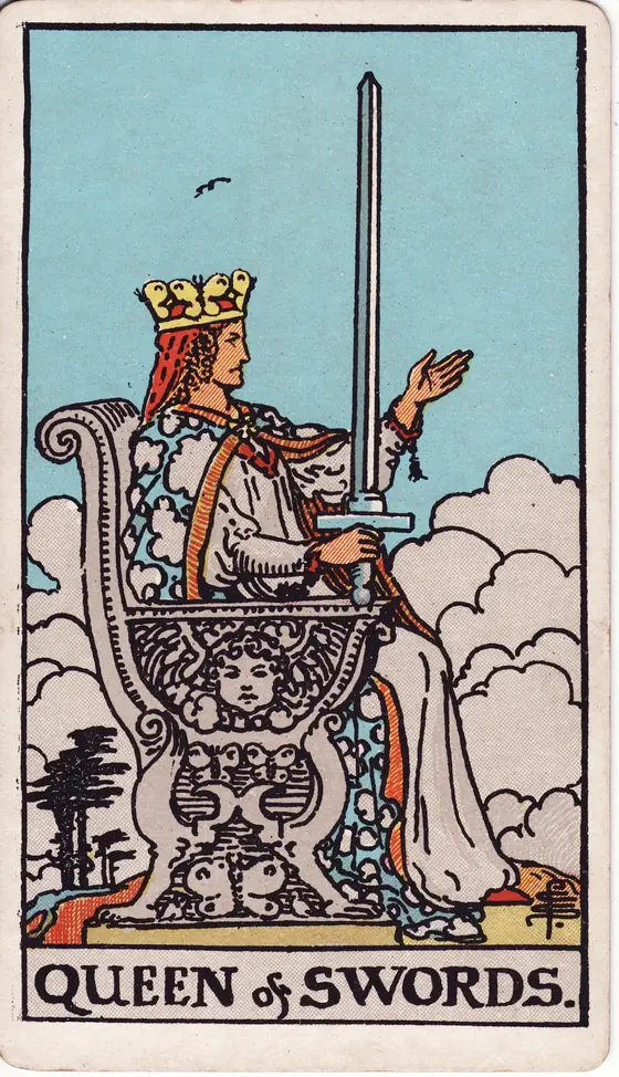 Queen of Swords tarot card from the Rider-Waite-Smith deck: a stern crowned woman enthroned in cloud, sword upright and one hand extended.