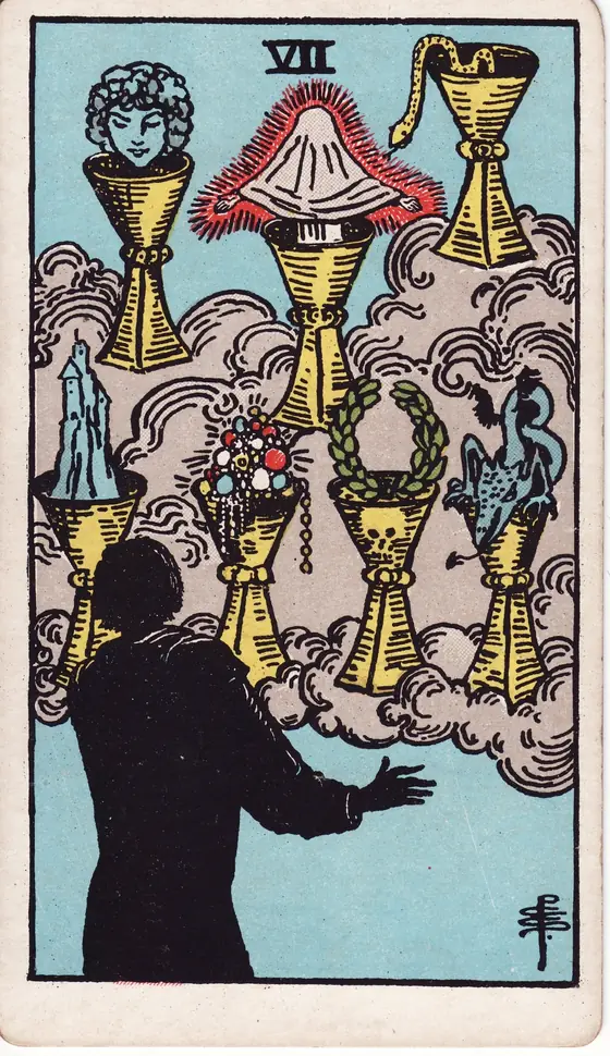 Seven of Cups tarot card from the Rider-Waite-Smith deck: a silhouetted figure facing seven cups of visions floating in cloud.