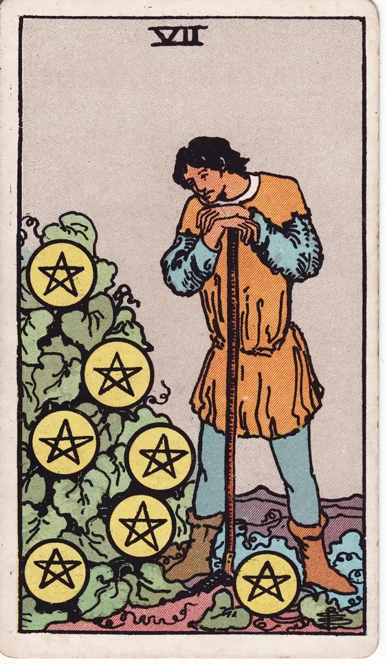 Seven of Pentacles tarot card from the Rider-Waite-Smith deck: a young man leaning on his hoe, considering seven pentacles growing on a vine.