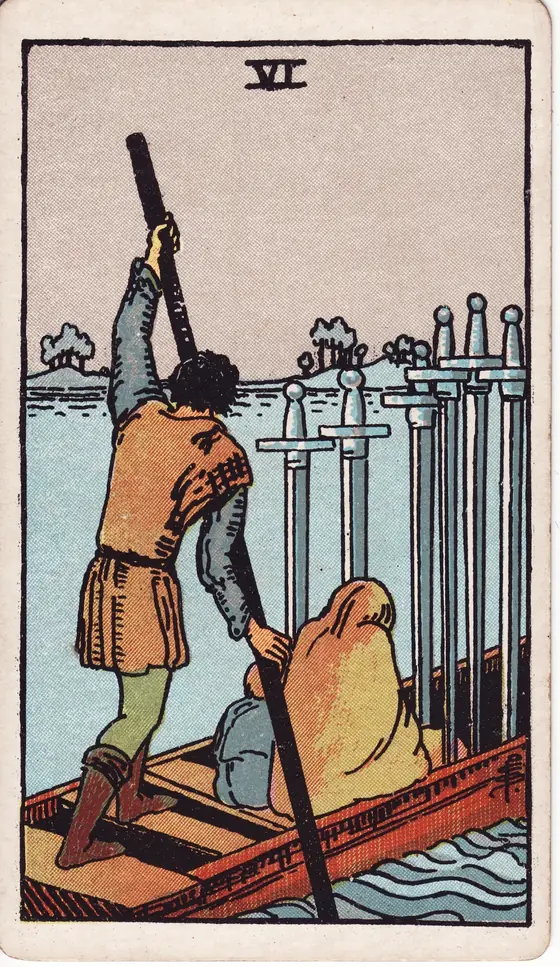 Six of Swords tarot card from the Rider-Waite-Smith deck: a ferryman poling a boat carrying a cloaked woman and child, six swords set in the hull.