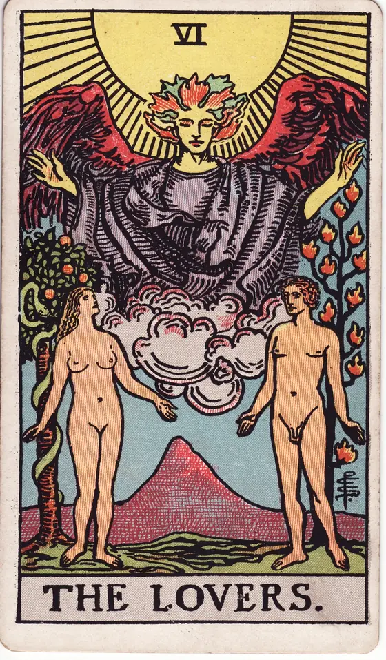 The Lovers tarot card from the Rider-Waite-Smith deck: a naked man and woman beneath a winged angel, a serpent coiled around the tree behind her.