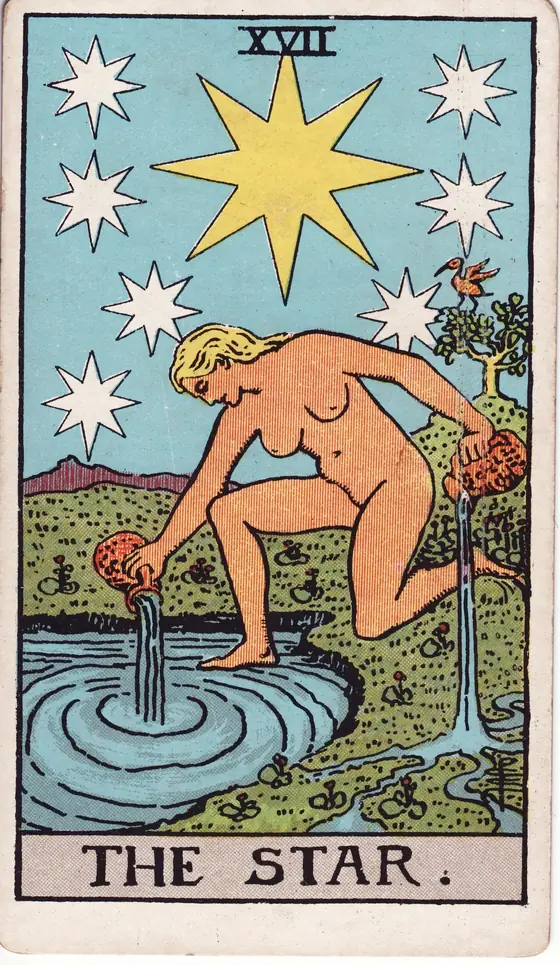 The Star tarot card from the Rider-Waite-Smith deck: a naked woman kneeling at a pool, pouring water onto the land and into the water, eight stars above her.
