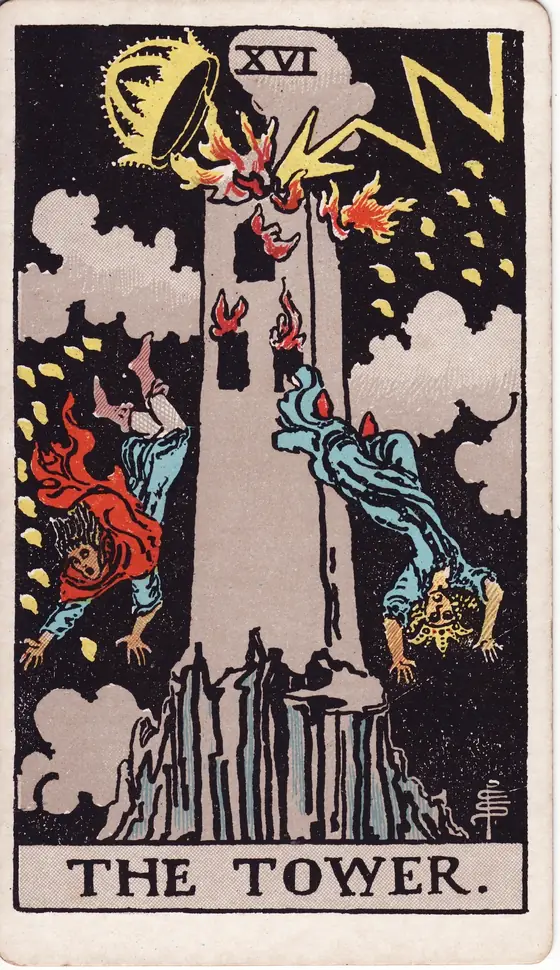 The Tower tarot card from the Rider-Waite-Smith deck: lightning striking the crown from a tall tower as two figures fall headfirst from its windows.
