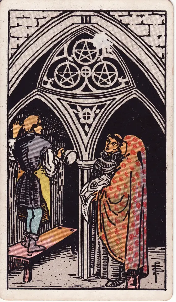 Three of Pentacles tarot card from the Rider-Waite-Smith deck: a sculptor at work in a cathedral while a monk and a noble review the plans.