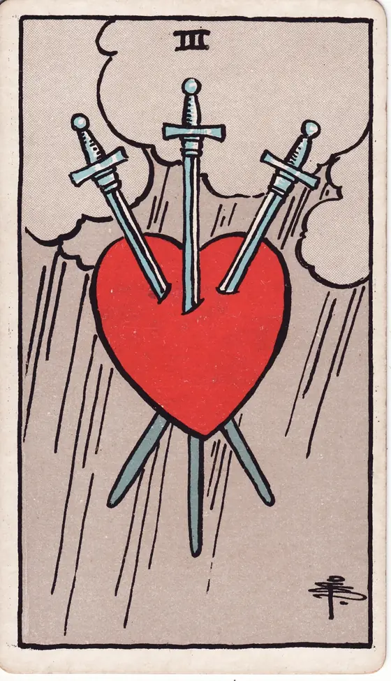 Three of Swords tarot card from the Rider-Waite-Smith deck: a red heart pierced by three swords beneath heavy rain clouds.