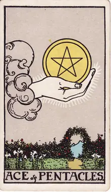 Ace of Pentacles tarot card from the Rider-Waite-Smith deck: a hand from a cloud holding a golden pentacle above a flowering garden.