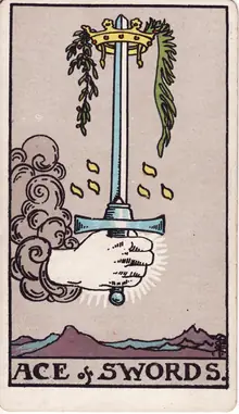 Ace of Swords tarot card from the Rider-Waite-Smith deck: a hand from a cloud raising an upright sword crowned with a wreath.