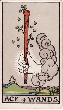 Ace of Wands tarot card from the Rider-Waite-Smith deck: a hand emerging from a cloud to grasp a sprouting wooden staff.