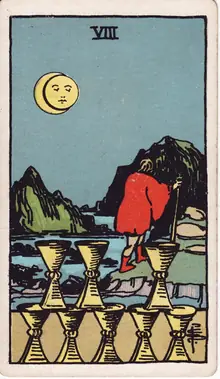 Eight of Cups tarot card from the Rider-Waite-Smith deck: a figure walking away from eight stacked cups toward the mountains under an eclipsed moon.