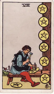 Eight of Pentacles tarot card from the Rider-Waite-Smith deck: a craftsman at his bench carving pentacles, the finished ones hung up beside him.