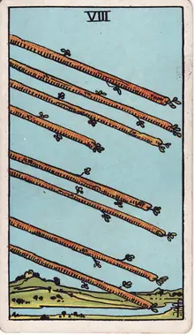 Eight of Wands tarot card from the Rider-Waite-Smith deck: eight staves flying in level formation across an open sky above a river.
