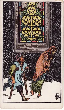 Five of Pentacles tarot card from the Rider-Waite-Smith deck: two beggars passing through the snow beneath a lit stained-glass window.