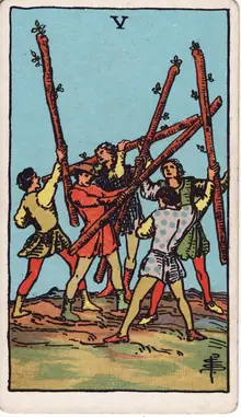 Five of Wands tarot card from the Rider-Waite-Smith deck: five youths brandishing staves at one another in a scrambling mock combat.