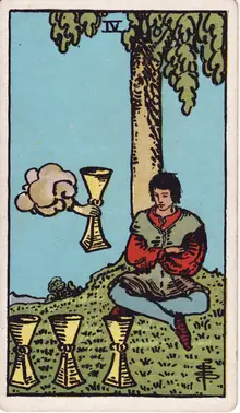 Four of Cups tarot card from the Rider-Waite-Smith deck: a man seated under a tree with his arms folded, ignoring a cup offered from a cloud.
