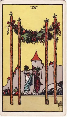 Four of Wands tarot card from the Rider-Waite-Smith deck: four garlanded staves forming a canopy before a castle, celebrants raising bouquets beneath it.