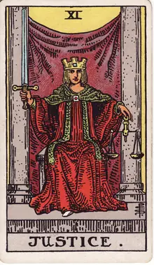 Justice tarot card from the Rider-Waite-Smith deck: a crowned figure enthroned holding an upright sword in one hand and balanced scales in the other.