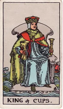 King of Cups tarot card from the Rider-Waite-Smith deck: a king on a throne afloat on a turbulent sea, a cup in one hand and a sceptre in the other.