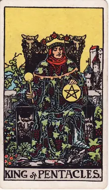 King of Pentacles tarot card from the Rider-Waite-Smith deck: a king in a vine-embroidered robe enthroned amid grapes, a pentacle resting on his knee.