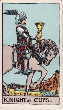 Knight of Cups tarot card from the Rider-Waite-Smith deck: an armoured rider on a walking white horse, holding his cup out before him.
