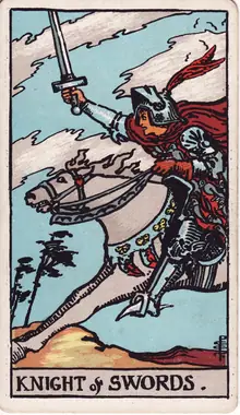 Knight of Swords tarot card from the Rider-Waite-Smith deck: an armoured knight charging at full gallop with his sword raised.