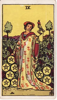 Nine of Pentacles tarot card from the Rider-Waite-Smith deck: a richly dressed woman in a walled vineyard with a hooded falcon on her wrist.