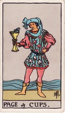 Page of Cups tarot card from the Rider-Waite-Smith deck: a young figure by the sea regarding a fish that rises from his cup.