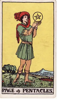 Page of Pentacles tarot card from the Rider-Waite-Smith deck: a youth in a green field absorbed in the pentacle he holds up before him.