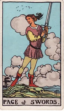 Page of Swords tarot card from the Rider-Waite-Smith deck: a youth on a windy ridge holding a sword aloft, watching the horizon.