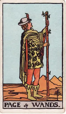 Page of Wands tarot card from the Rider-Waite-Smith deck: a youth in a patterned tunic standing in a desert, studying the staff he holds.