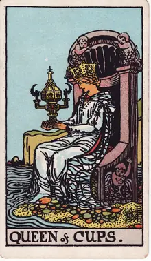 Queen of Cups tarot card from the Rider-Waite-Smith deck: a woman enthroned at the shore, gazing into an ornate lidded cup.