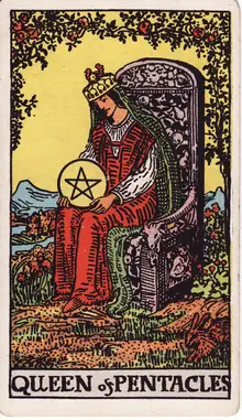 Queen of Pentacles tarot card from the Rider-Waite-Smith deck: a crowned woman on a garden throne cradling a pentacle in her lap.