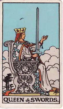 Queen of Swords tarot card from the Rider-Waite-Smith deck: a stern crowned woman enthroned in cloud, sword upright and one hand extended.
