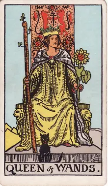 Queen of Wands tarot card from the Rider-Waite-Smith deck: a crowned woman enthroned with a sunflower and a staff, a black cat seated at her feet.
