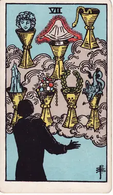 Seven of Cups tarot card from the Rider-Waite-Smith deck: a silhouetted figure facing seven cups of visions floating in cloud.