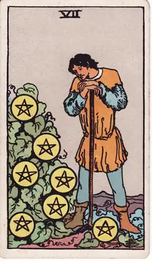 Seven of Pentacles tarot card from the Rider-Waite-Smith deck: a young man leaning on his hoe, considering seven pentacles growing on a vine.