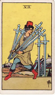 Seven of Swords tarot card from the Rider-Waite-Smith deck: a man slipping away from a camp carrying five swords, two left standing behind.