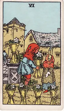 Six of Cups tarot card from the Rider-Waite-Smith deck: a child offering a flower-filled cup to another in a sunlit courtyard.