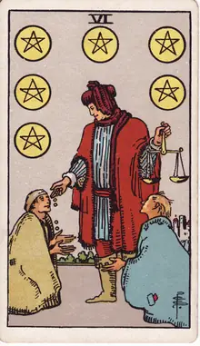 Six of Pentacles tarot card from the Rider-Waite-Smith deck: a merchant holding scales as he drops coins into the hands of two kneeling beggars.