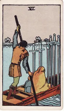 Six of Swords tarot card from the Rider-Waite-Smith deck: a ferryman poling a boat carrying a cloaked woman and child, six swords set in the hull.