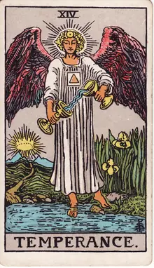Temperance tarot card from the Rider-Waite-Smith deck: a winged angel with one foot in the water, pouring liquid between two cups.