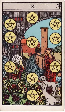 Ten of Pentacles tarot card from the Rider-Waite-Smith deck: three generations in a courtyard with two dogs, ten pentacles arranged across the scene.