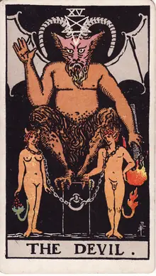The Devil tarot card from the Rider-Waite-Smith deck: a horned figure crouched on a plinth above a man and a woman held by loose chains.